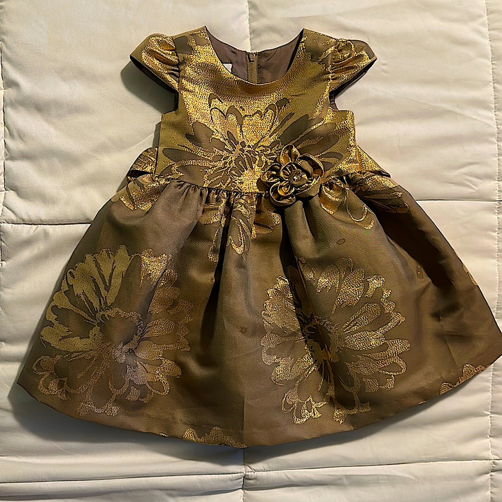 Bonnie Jean Chocolate Brown Gold Floral Party Dress -Size 2T